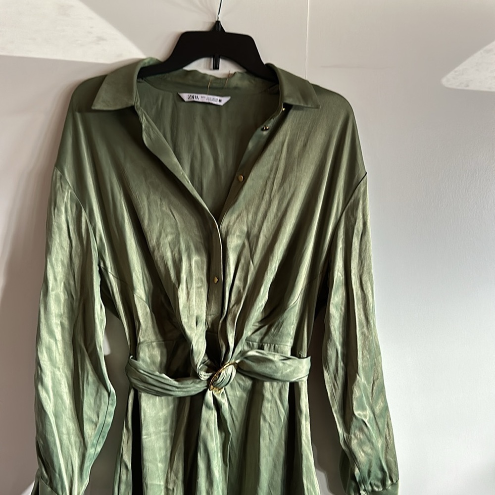 {VGUC} $89 ZARA Khaki Green Satin Belted Mini Shirt Dress - Picture 6 of 11